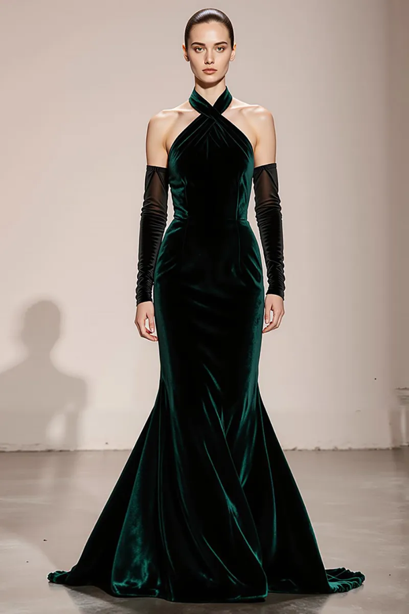 Velvet Halter Mermaid Dark Green Evening Dress