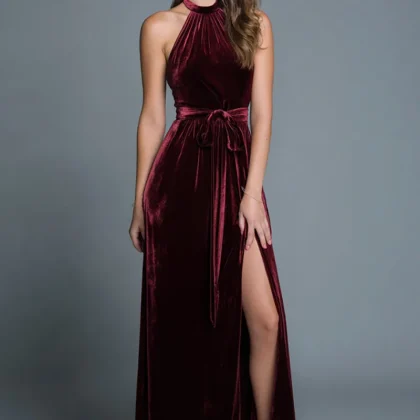 Velvet Halter Burgundy Holiday Party Dress With Slit