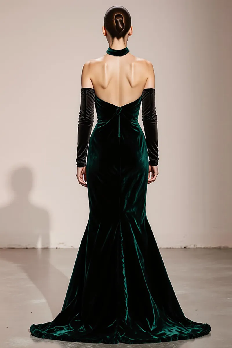 Velvet Halter Mermaid Dark Green Evening Dress - Image 2