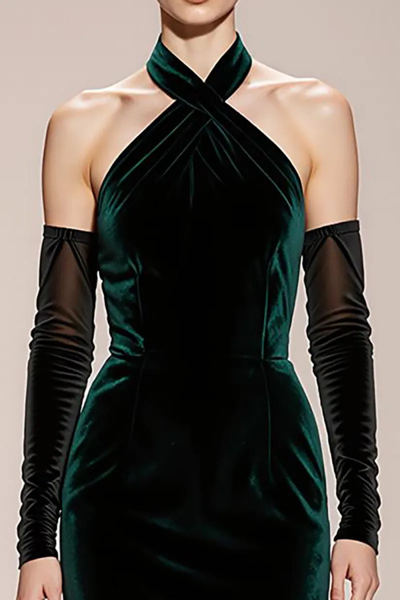 Velvet Halter Mermaid Dark Green Evening Dress - Image 3
