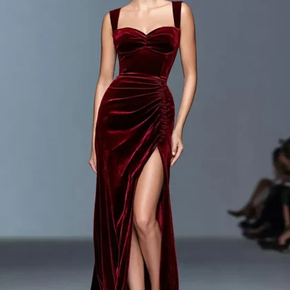 Velvet Burgundy Sheath Formal Dress with Slit
