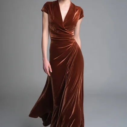Velvet Caramel V-Neck Sheath Formal Dress