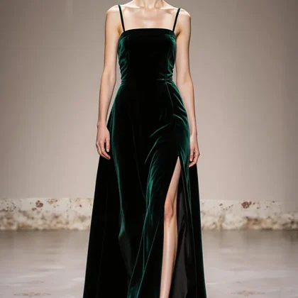 Velvet Dark Green A-Line Spaghetti Straps Evening Dress With Slit