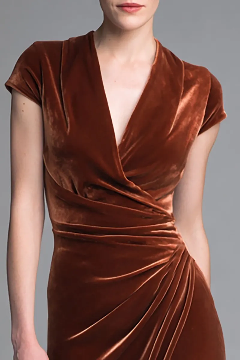 Velvet Caramel V-Neck Sheath Formal Dress - Image 2
