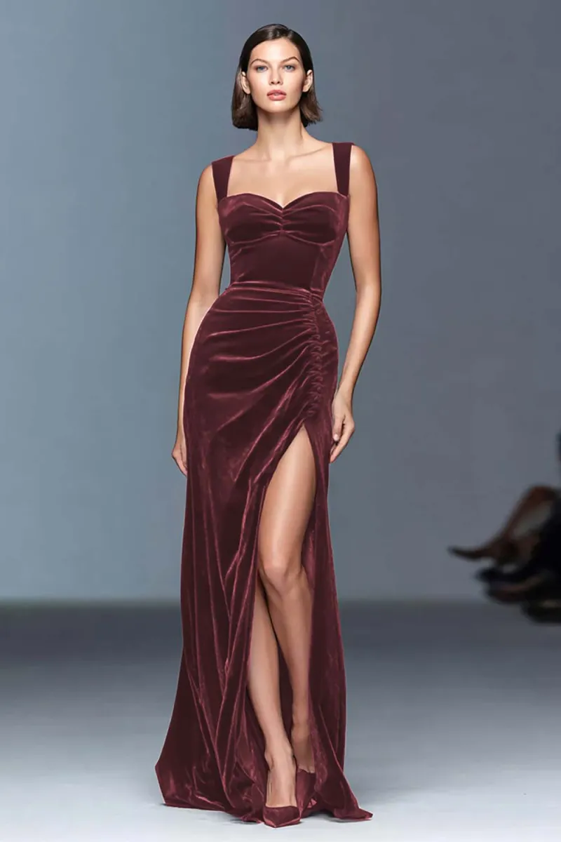 Velvet Burgundy Sheath Formal Dress with Slit - Image 5