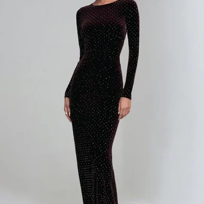 Velvet Beaded Sheath Long Sleeve Formal Dress in Coffee