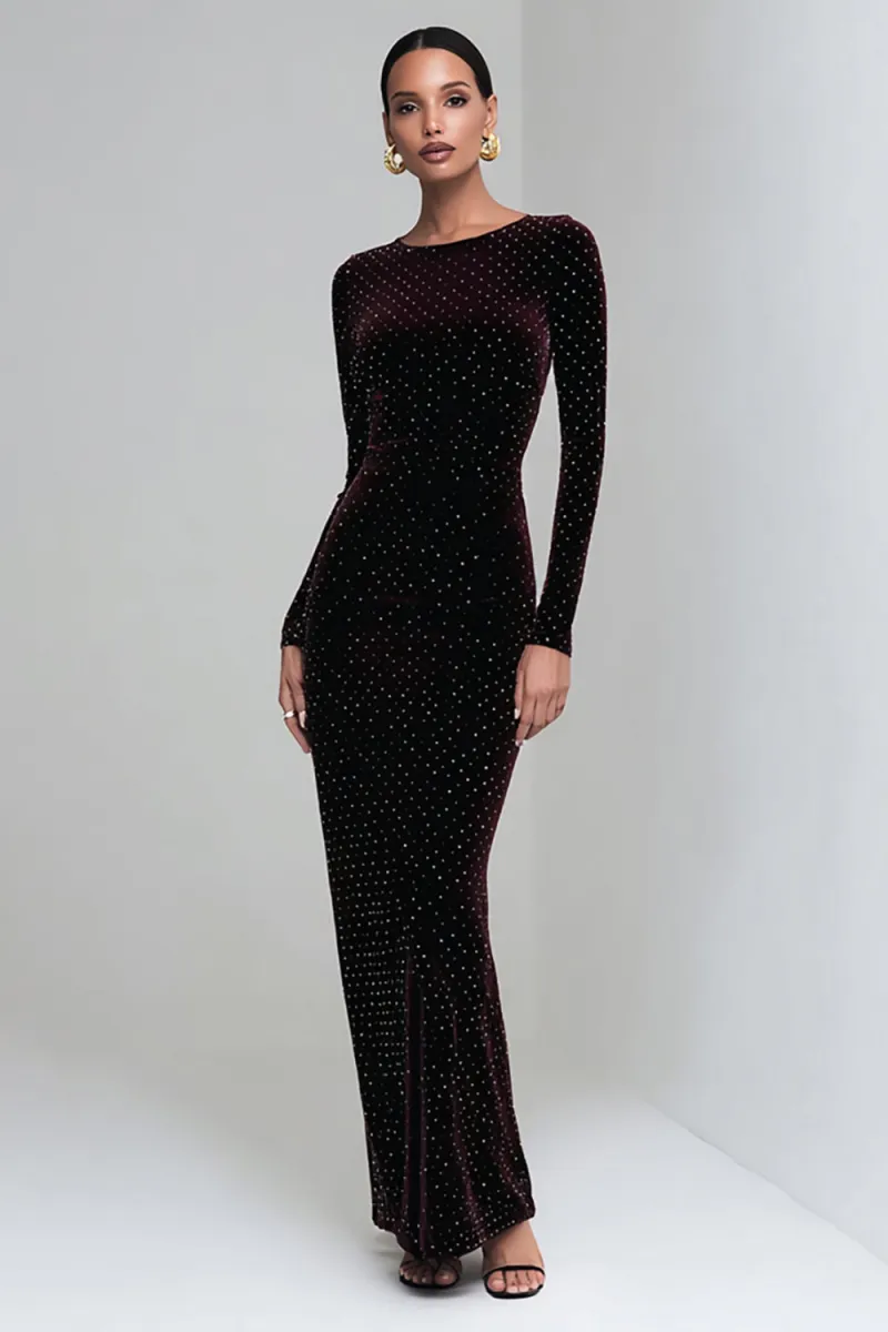 Velvet Beaded Sheath Long Sleeve Formal Dress in Coffee