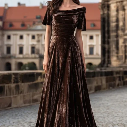 Velvet Brown A-Line Bateau Neck Maxi Holiday Dress
