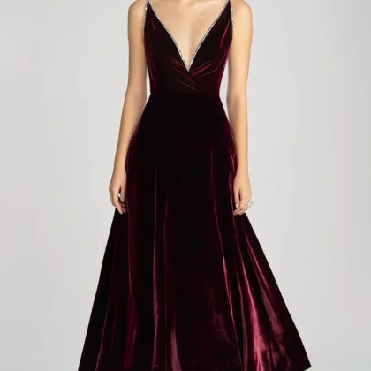 Burgundy Velvet Beaded V Neck Tea-Length Formal Dress