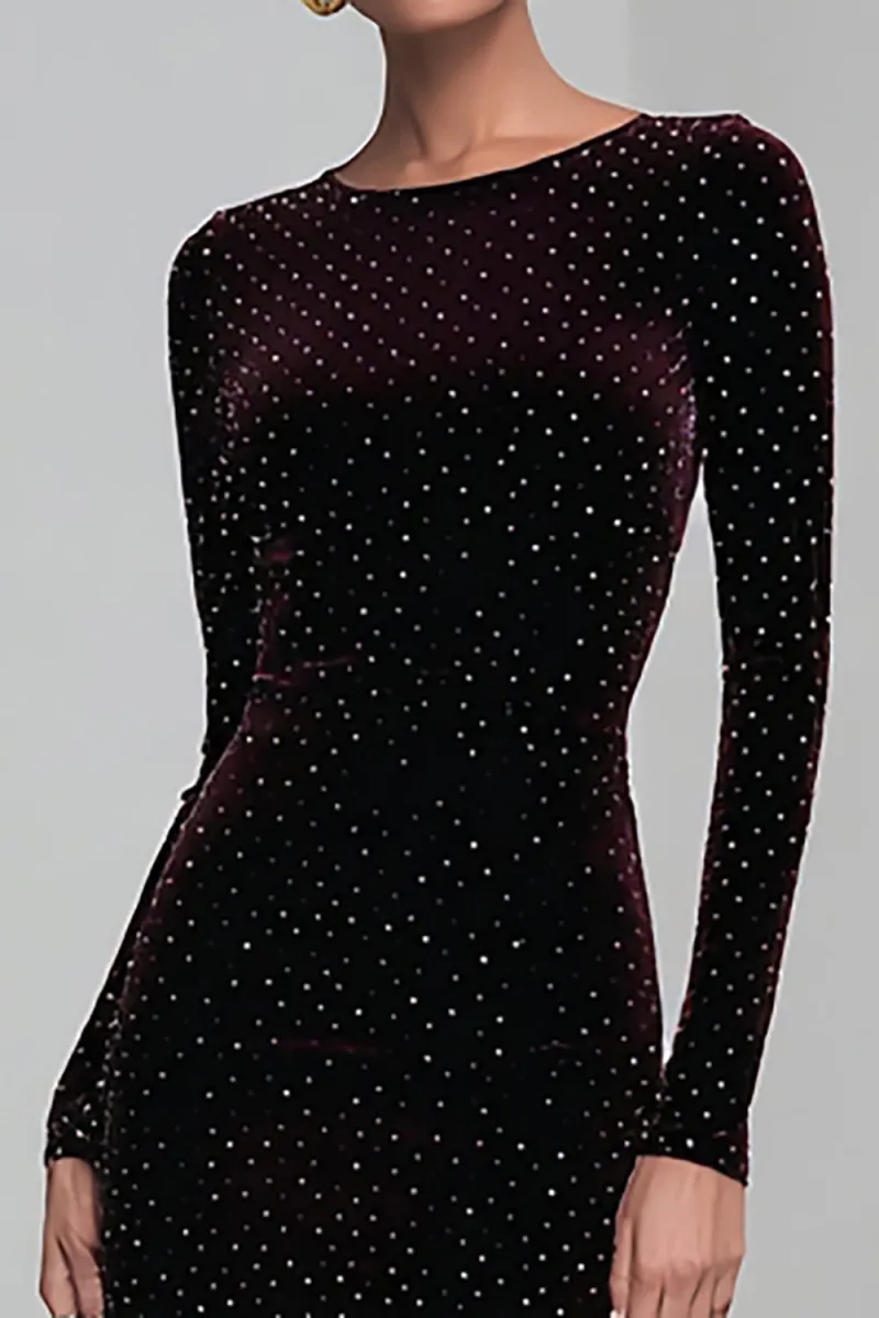 Velvet Beaded Sheath Long Sleeve Formal Dress in Coffee - Image 2