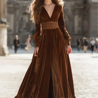 Brown Velvet A-Line V-Neck Maxi Formal Dress With Slit