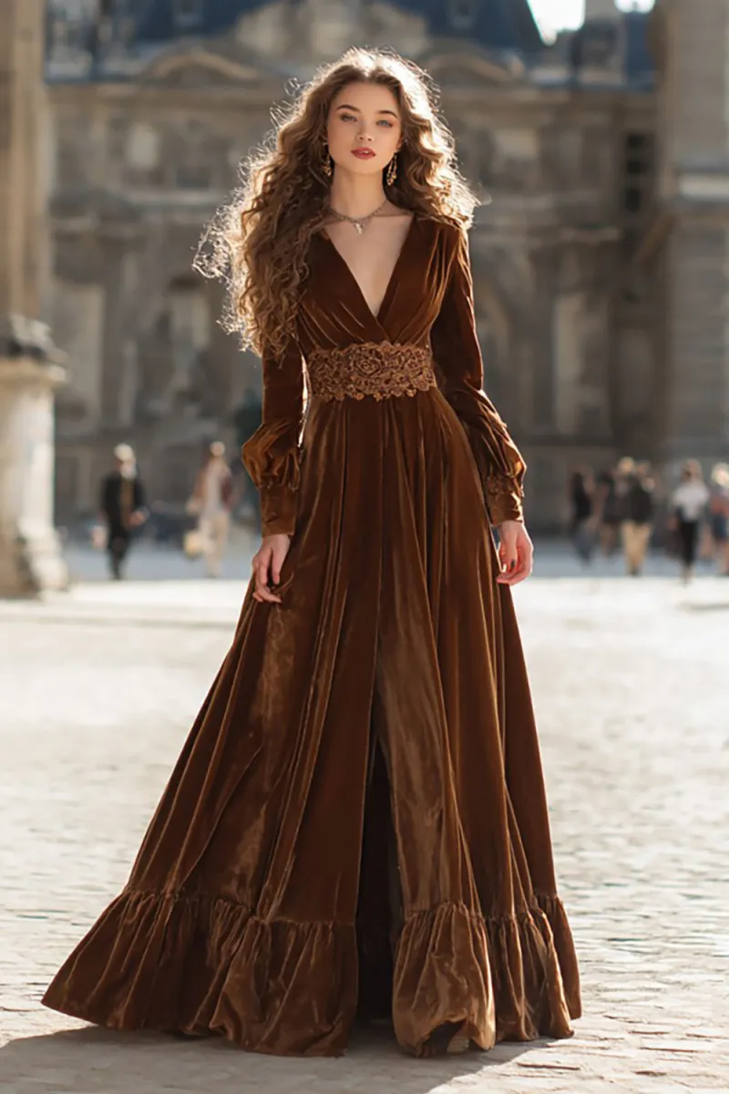 Brown Velvet A-Line V-Neck Maxi Formal Dress With Slit
