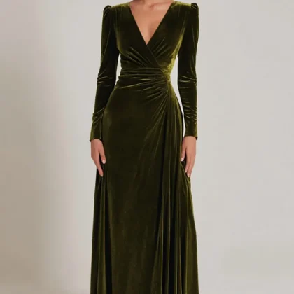 Olive V-Neck Velvet A-Line Formal Dress with Long Sleeves