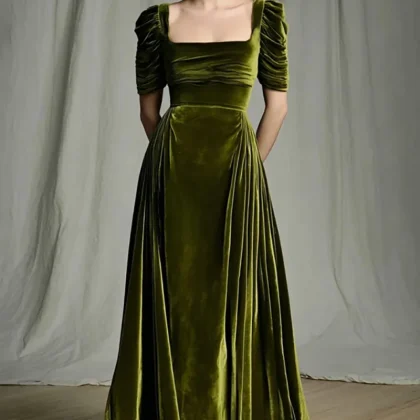 Olive Ruched Velvet A-Line Maxi Holiday Dress