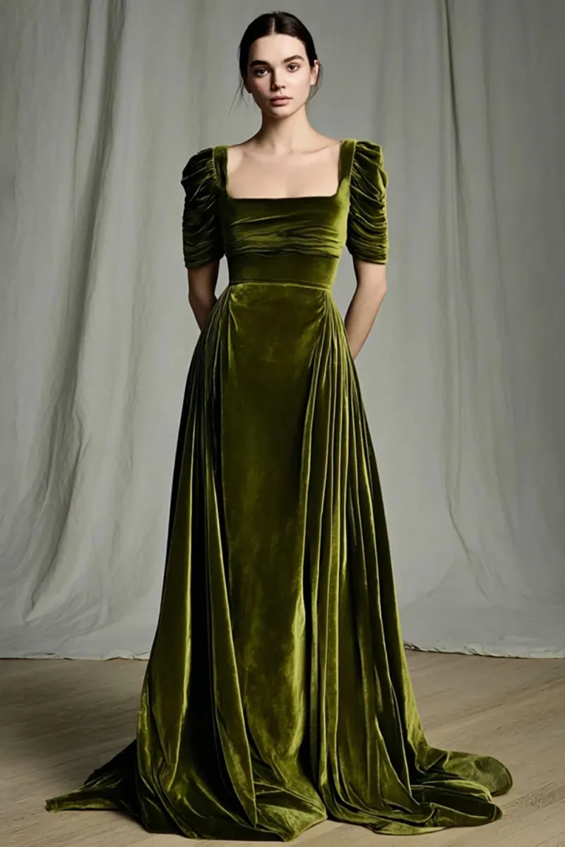 Olive Ruched Velvet A-Line Maxi Holiday Dress