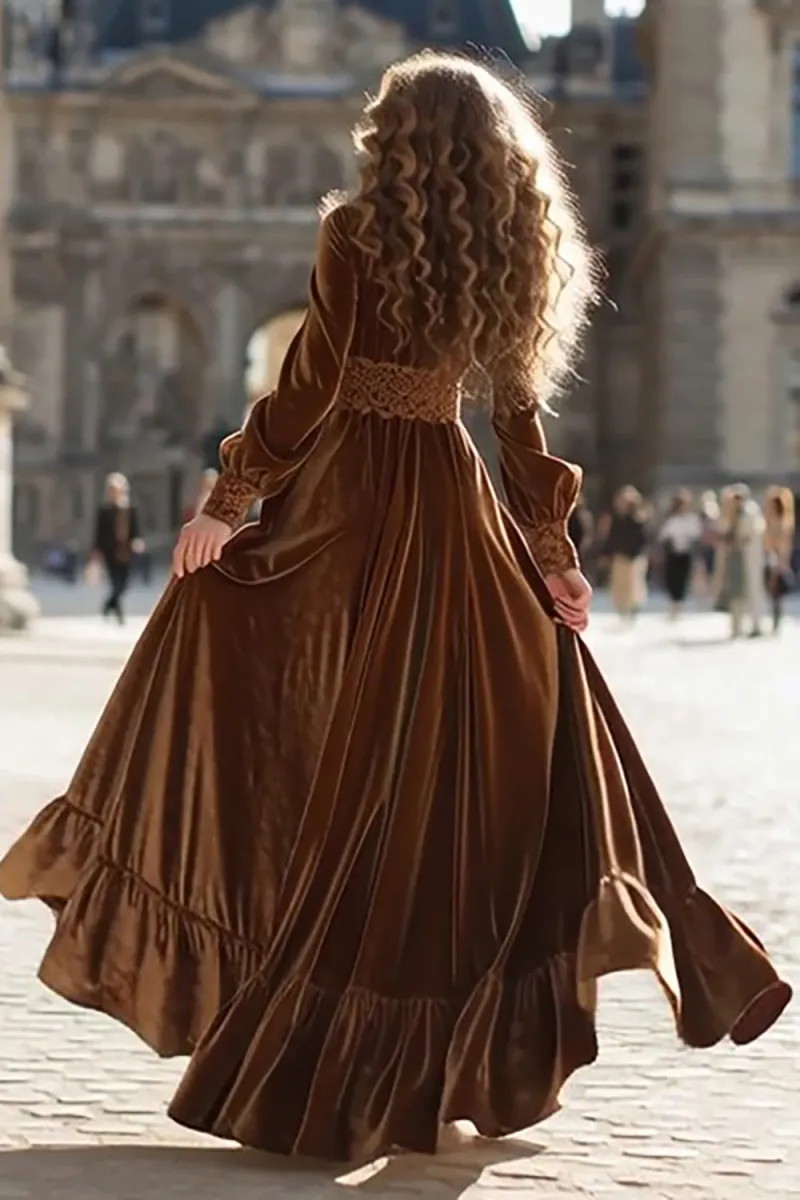 Brown Velvet A-Line V-Neck Maxi Formal Dress With Slit - Image 2