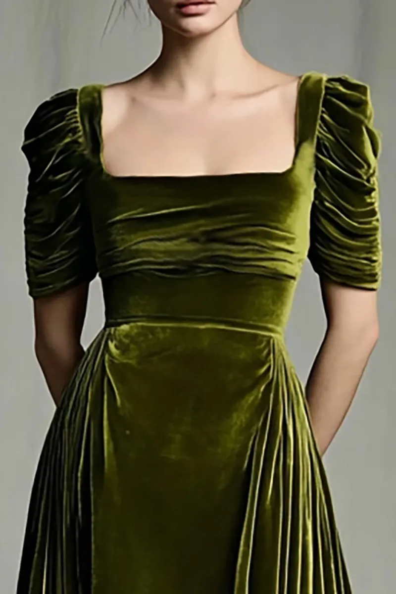 Olive Ruched Velvet A-Line Maxi Holiday Dress - Image 2