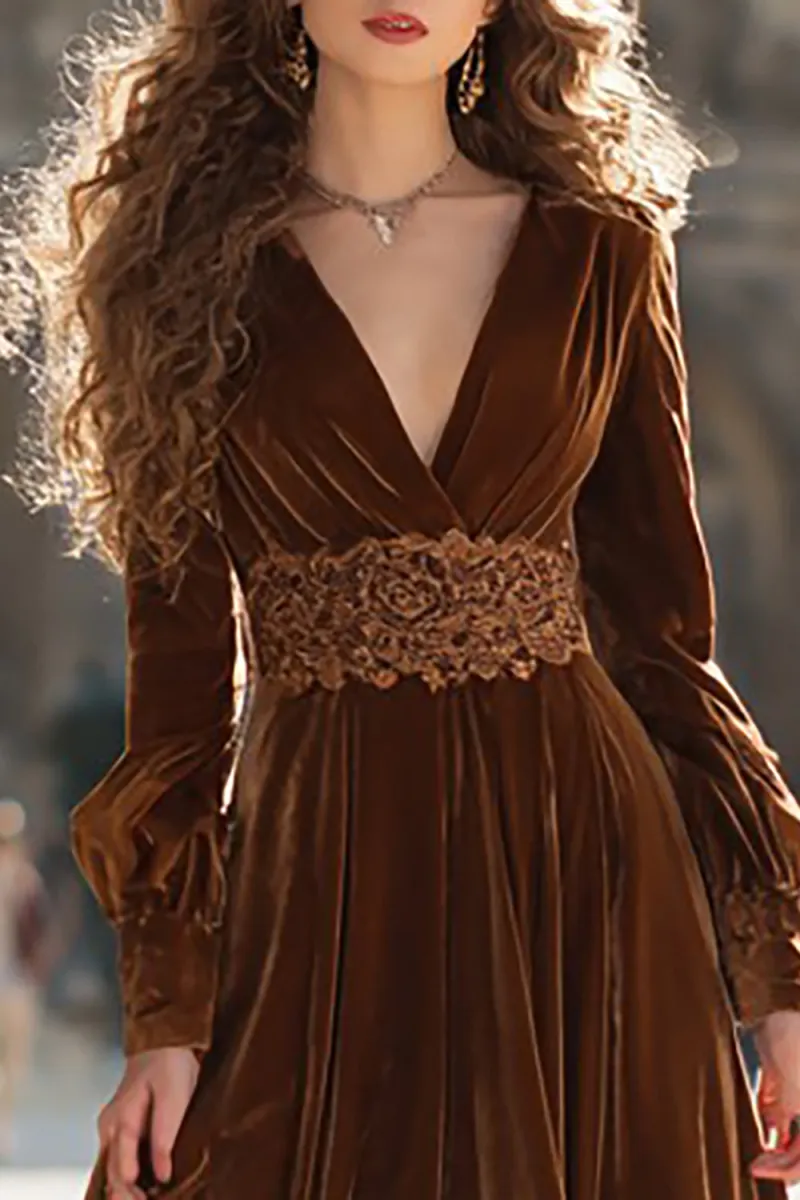 Brown Velvet A-Line V-Neck Maxi Formal Dress With Slit - Image 3