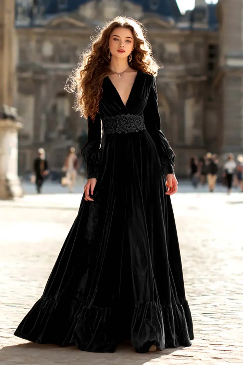 Brown Velvet A-Line V-Neck Maxi Formal Dress With Slit - Image 5