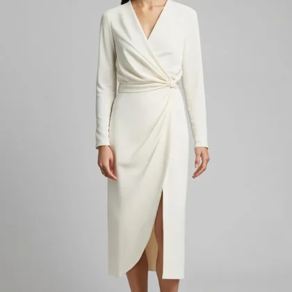 Ivory V-Neck Sheath Long Sleeve Work Dress with Slit
