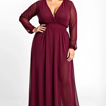 Burgundy V-Neck A-Line Plus Size Long Sleeve Formal Dress