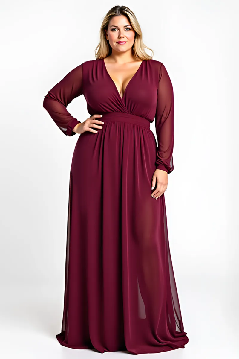 Burgundy V-Neck A-Line Plus Size Long Sleeve Formal Dress