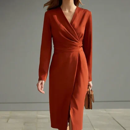 Terracotta V-Neck Long Sleeve Pencil Dress with Slit for Work