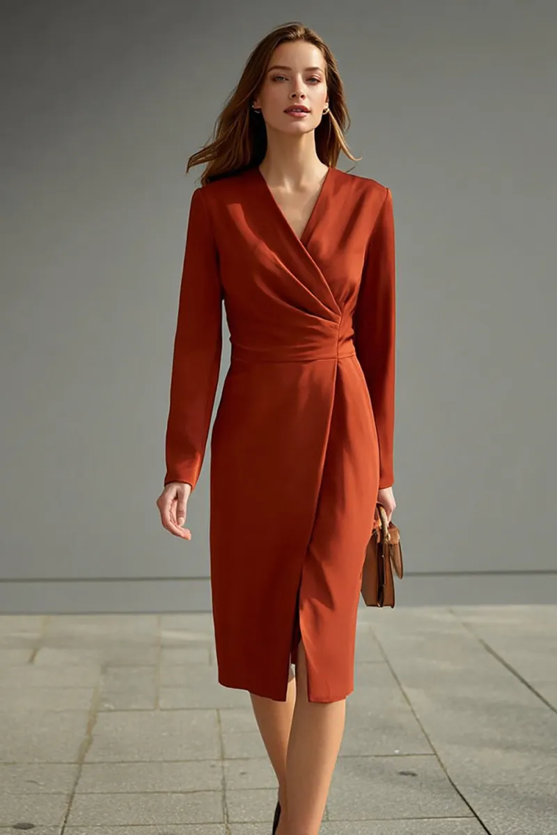 Terracotta V-Neck Long Sleeve Pencil Dress with Slit for Work