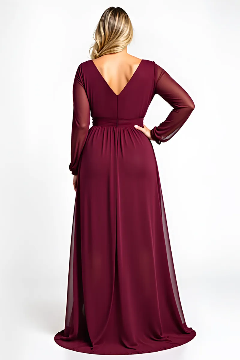 Burgundy V-Neck A-Line Plus Size Long Sleeve Formal Dress - Image 2