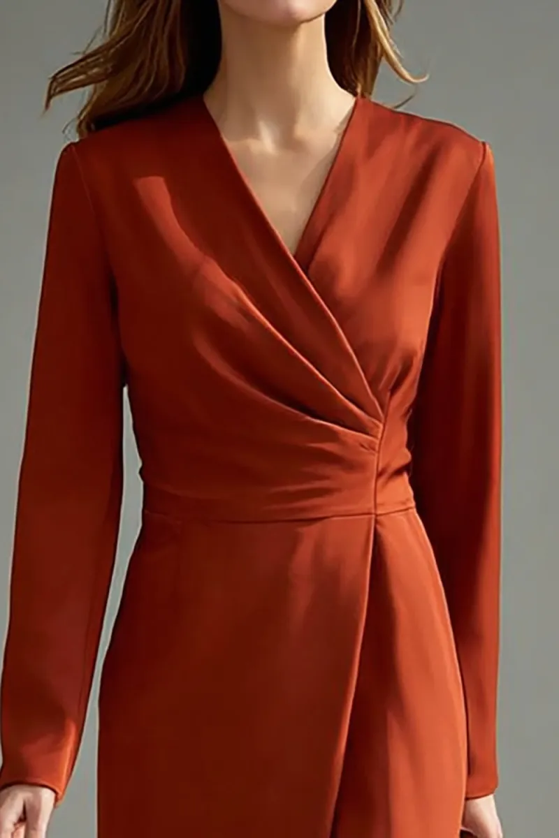 Terracotta V-Neck Long Sleeve Pencil Dress with Slit for Work - Image 2