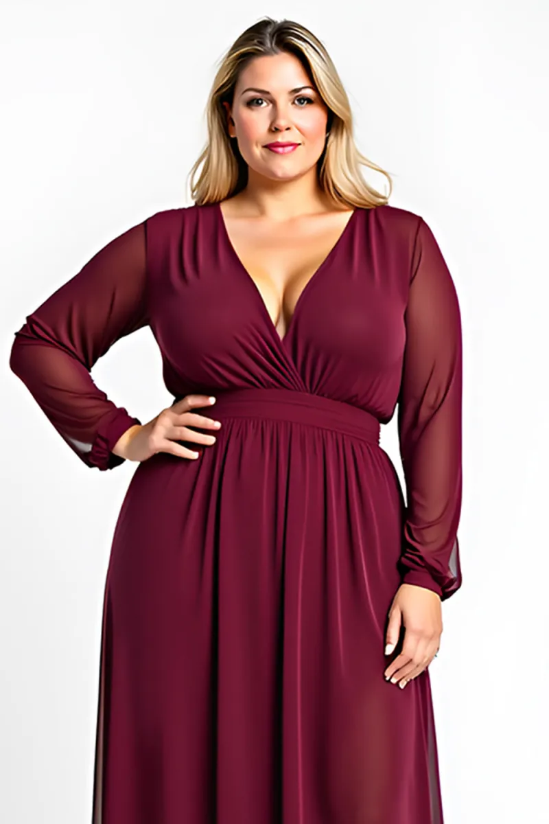 Burgundy V-Neck A-Line Plus Size Long Sleeve Formal Dress - Image 3