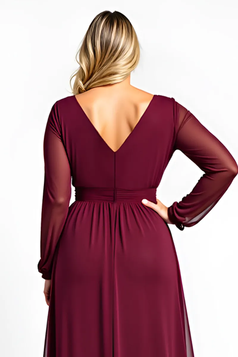 Burgundy V-Neck A-Line Plus Size Long Sleeve Formal Dress - Image 4