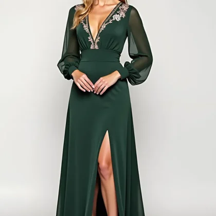 Green V-Neck A-Line Embroidered Long Sleeve Formal Dress with Slit