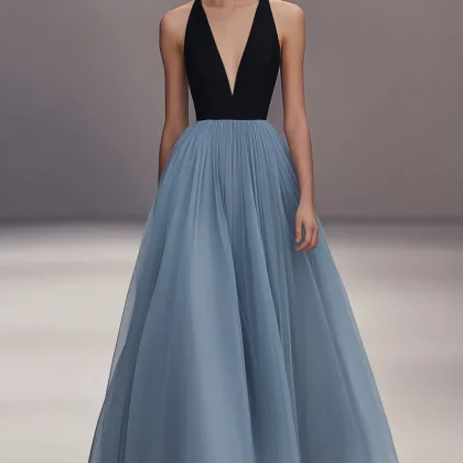 Long Formal Dress, V-Neck Black Blue Pleated Tulle