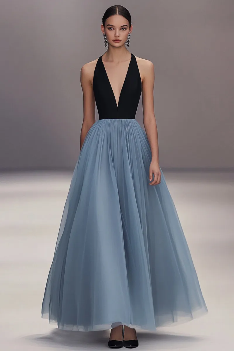 Long Formal Dress, V-Neck Black Blue Pleated Tulle