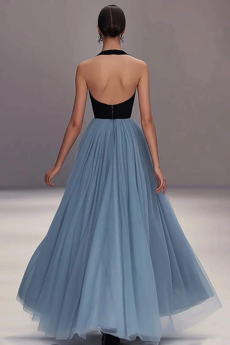 Long Formal Dress, V-Neck Black Blue Pleated Tulle - Image 2