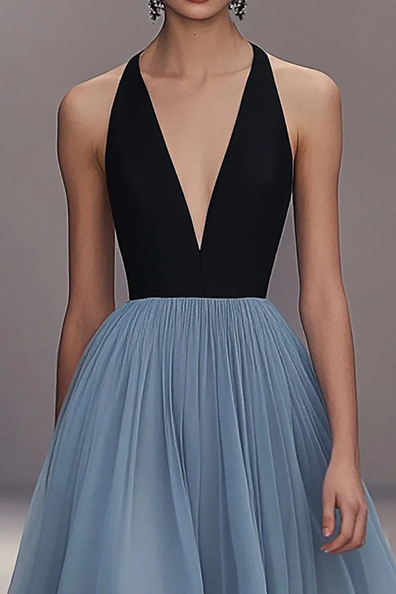 Long Formal Dress, V-Neck Black Blue Pleated Tulle - Image 3