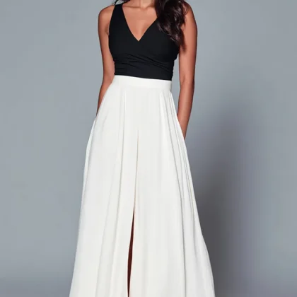 Black and White V-Neck A-Line Formal Dress with Slit