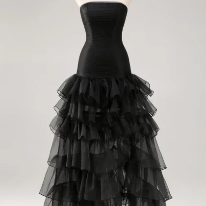 Black Tiered Strapless Ruffled Formal Dress with Slit