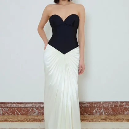 Black and White Ruched Sweetheart Sheath Maxi Formal Dress
