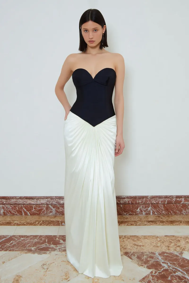 Black and White Ruched Sweetheart Sheath Maxi Formal Dress