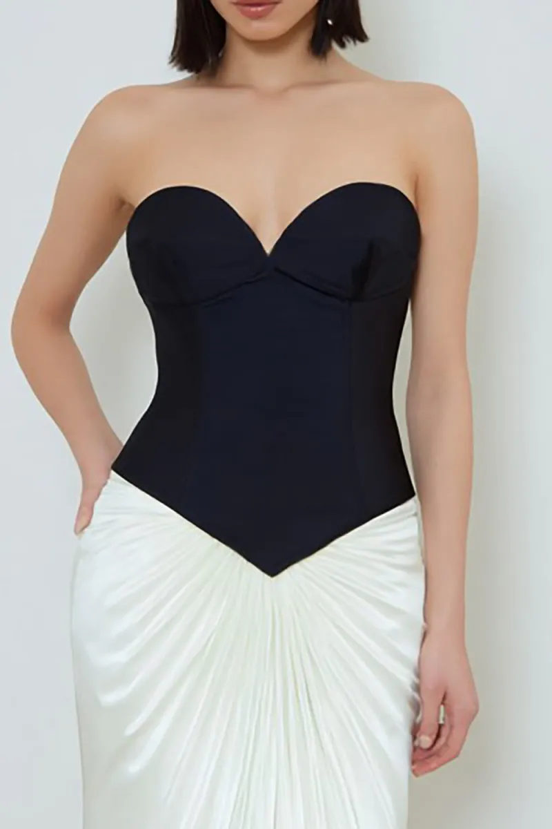 Black and White Ruched Sweetheart Sheath Maxi Formal Dress - Image 2