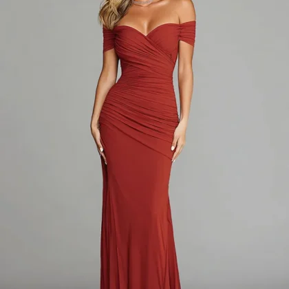 Terracotta Off The Shoulder Ruched Sheath Formal Dress