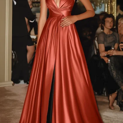 Terracotta Spaghetti Strap A-Line Satin Long Military Ball Dress with Slit