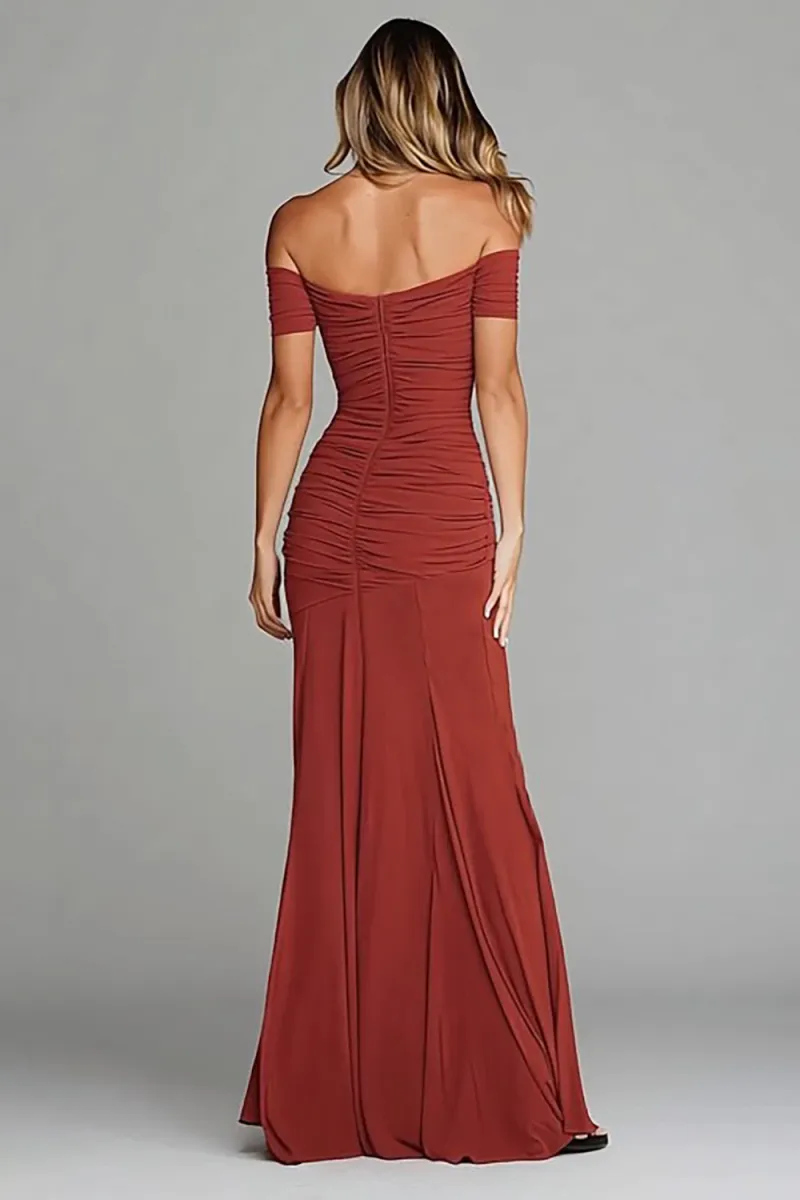 Terracotta Off The Shoulder Ruched Sheath Formal Dress - Image 2