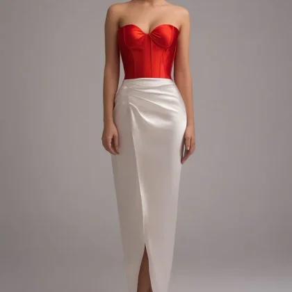 Red and White Colorblock Sweetheart Sheath Formal Dress With Slit