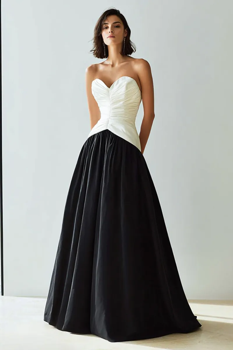 Black and White Sweetheart Ruched A-Line Formal Dress