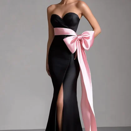 Black Sweetheart Bow Sash Mermaid Dress with Slit