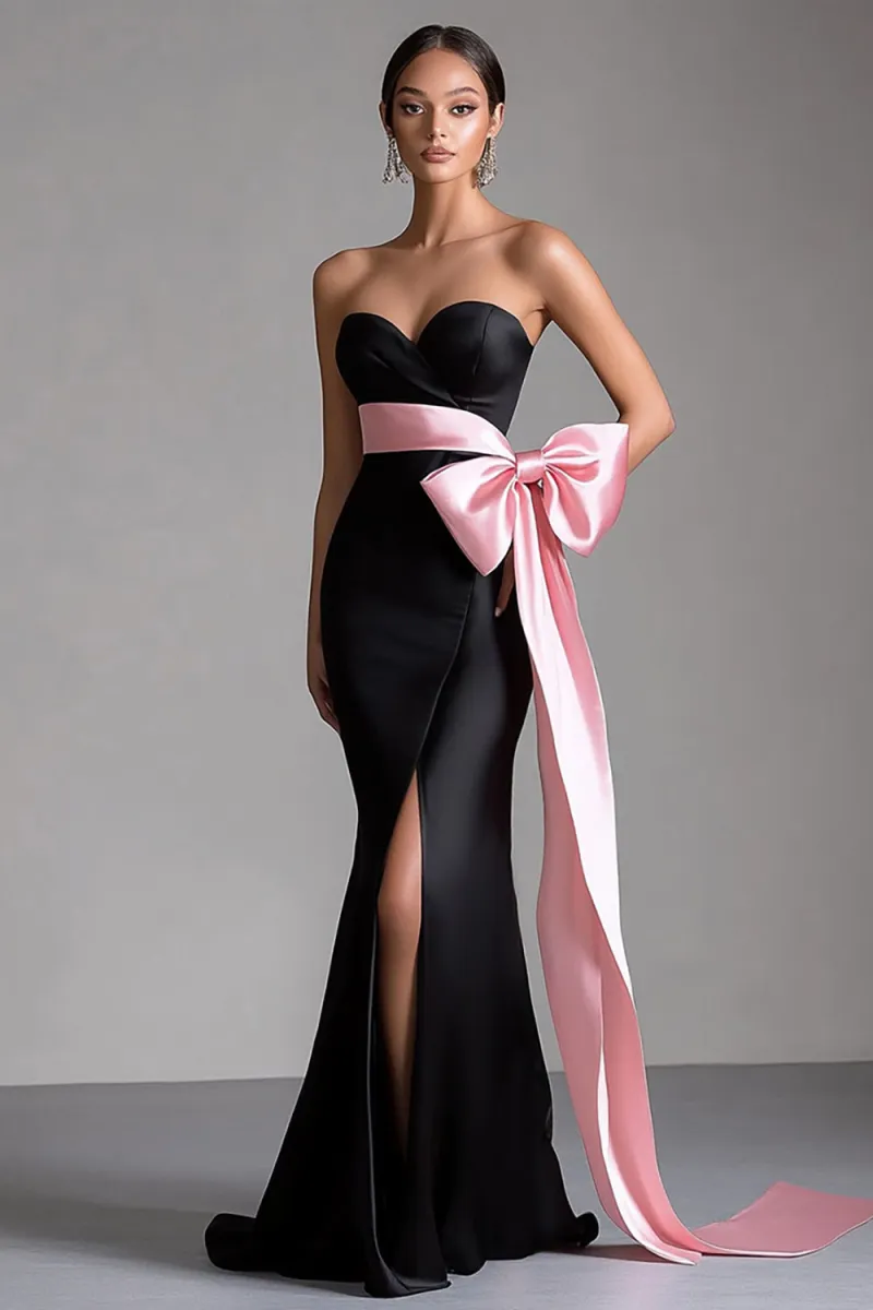 Black Sweetheart Bow Sash Mermaid Dress with Slit