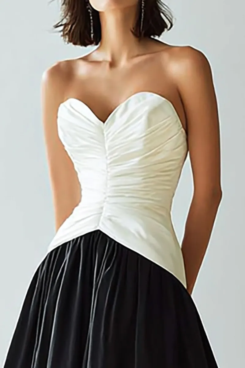 Black and White Sweetheart Ruched A-Line Formal Dress - Image 3
